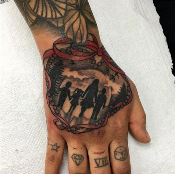 Family Of Four Inside Red Ribboned Frame Tattoo Guys Hands