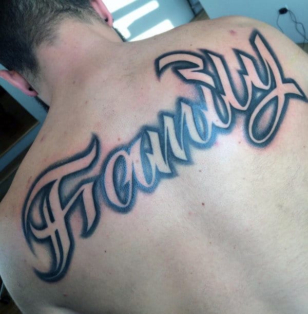 Family Upper Back Male Negative Space Shaded Script Tattoos