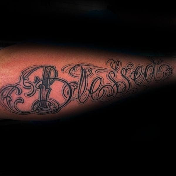 Fancy Blessed Lettering Guys Forearm Tattoo