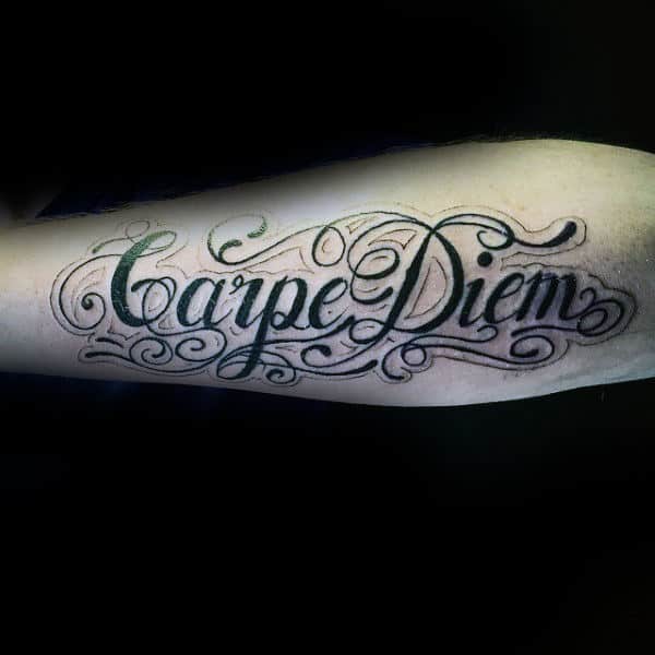 Fancy Carpe Diem Mens Tattoo On Forearm