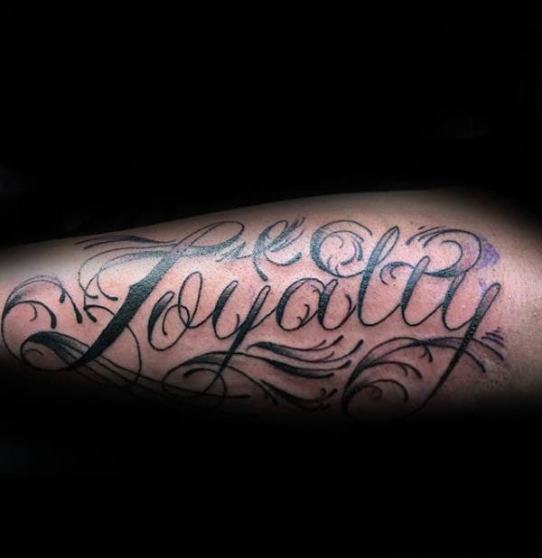 Fancy Loyalty Word Male Forearm Tattoos
