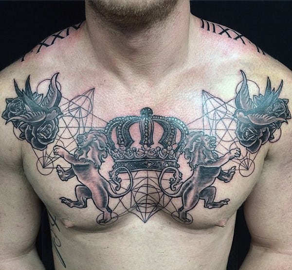 Fantastic Crown Sparrow And Lion Tattoo Mens Chest