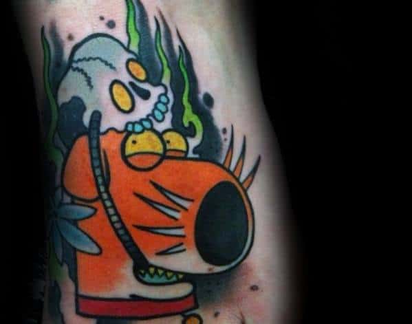 Tattoo of Brian Griffin from Family Guy in a surreal, psychedelic style with bold colors, a melting skull on his head, and eerie green smoke.