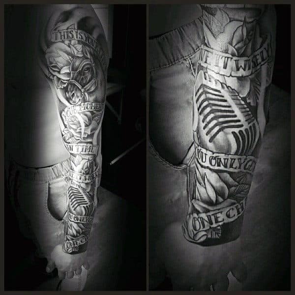 Fantastic Gray Microphone Tattoo With Banner And Flowers Male Full Sleeves