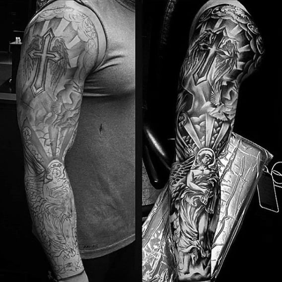Fantastic Grey Religious Tattoo Male Sleeves