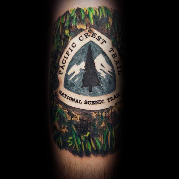 Pacific Crest Trail tattoo with mountains, a pine tree, and lush greenery, celebrating the iconic long-distance hiking route.