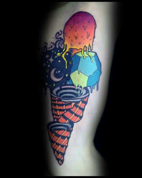 Surreal tattoo of a melting ice cream with cosmic elements, geometric shapes, and swirling vortex cones, blending fantasy and abstract art.