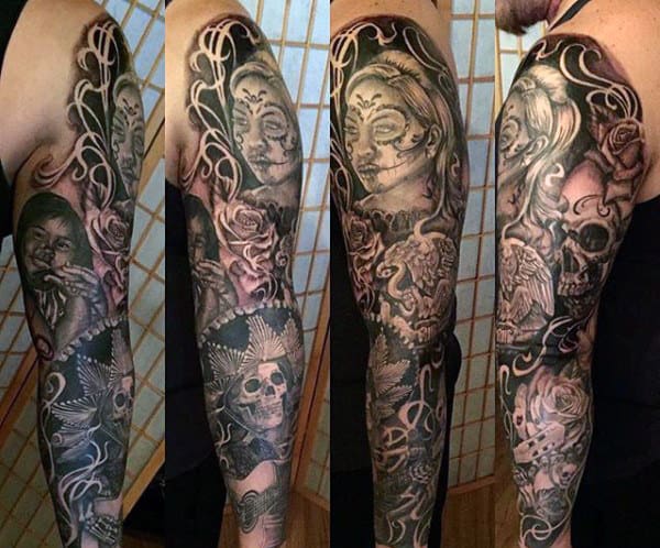 Fantastic Mens Full Sleeve Day Of The Dead Tattoo