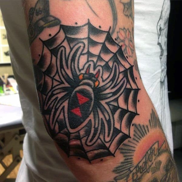 Fantastic Spider And Web Tattoo On Elbows For Men
