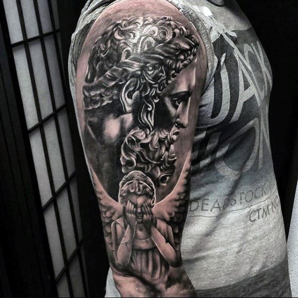 Fantastic Tattoo Of Guardian Angel Closing Eyes Guys Upper Arms