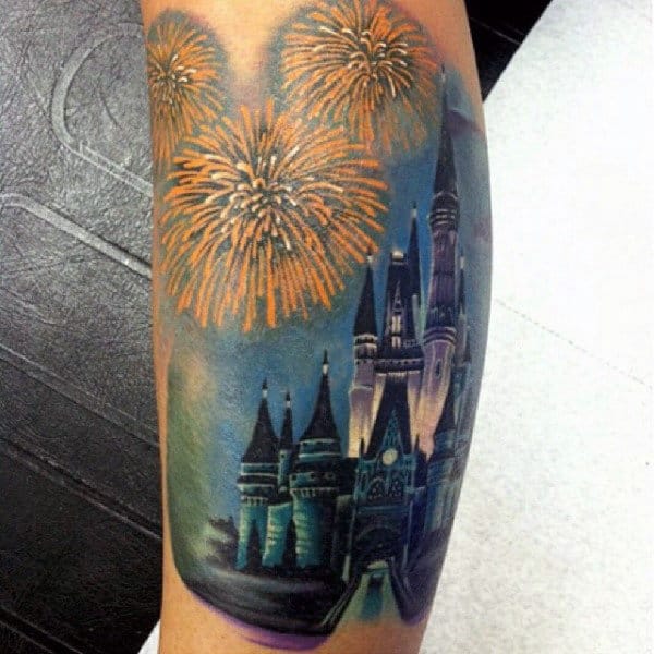 Fantasy Fireworks Blue Castle Bicep Tattoos For Men
