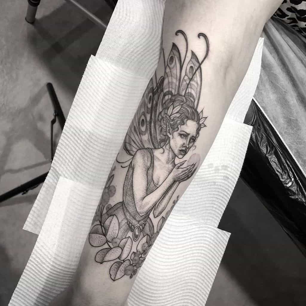 Fantasy Line Work Black Work Fairy Tattoo