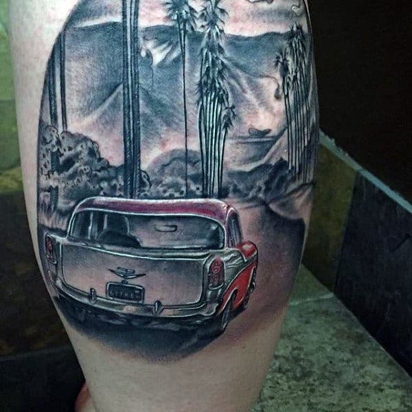 Faraway Palm Tree Vacation Tattoo On Legs For Men