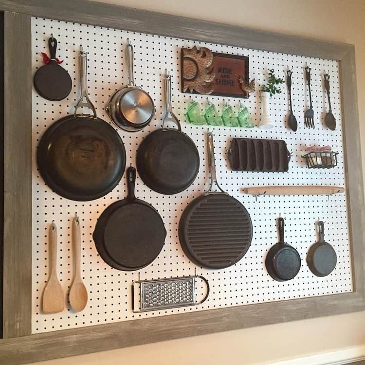 farmhouse kitchen white pegboard storage