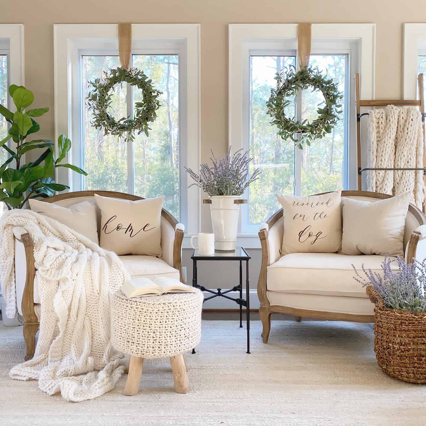 chic farmhouse living room wood white lounge chairs hanging wreaths 