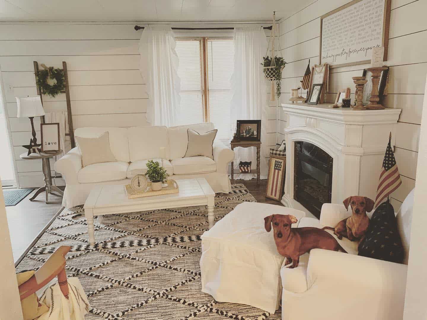 chic farmhouse shiplap walls white couch and coffee table fireplace dogs