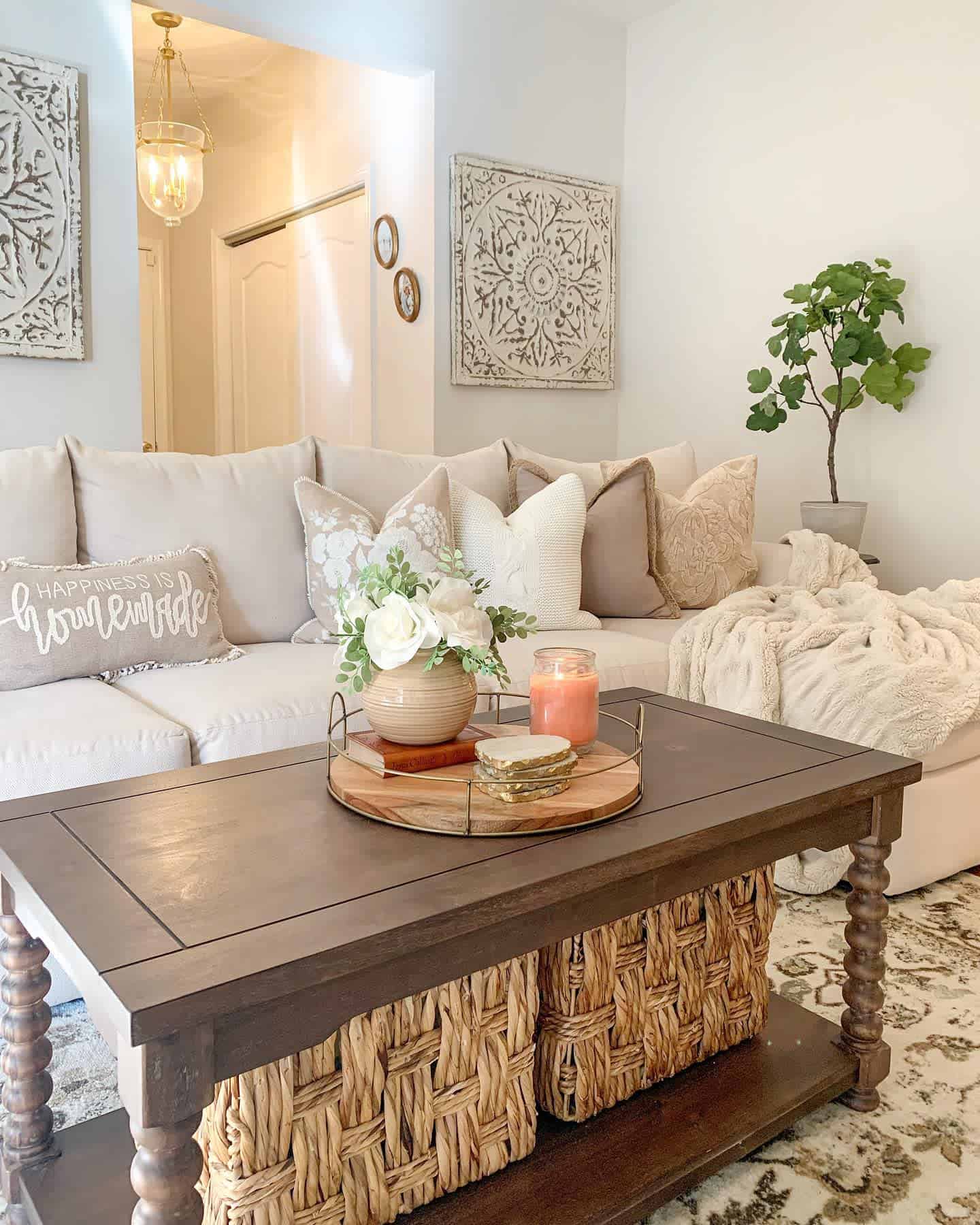 chic farmhouse living room sectional sofa brown wood coffee table weaved baskets 