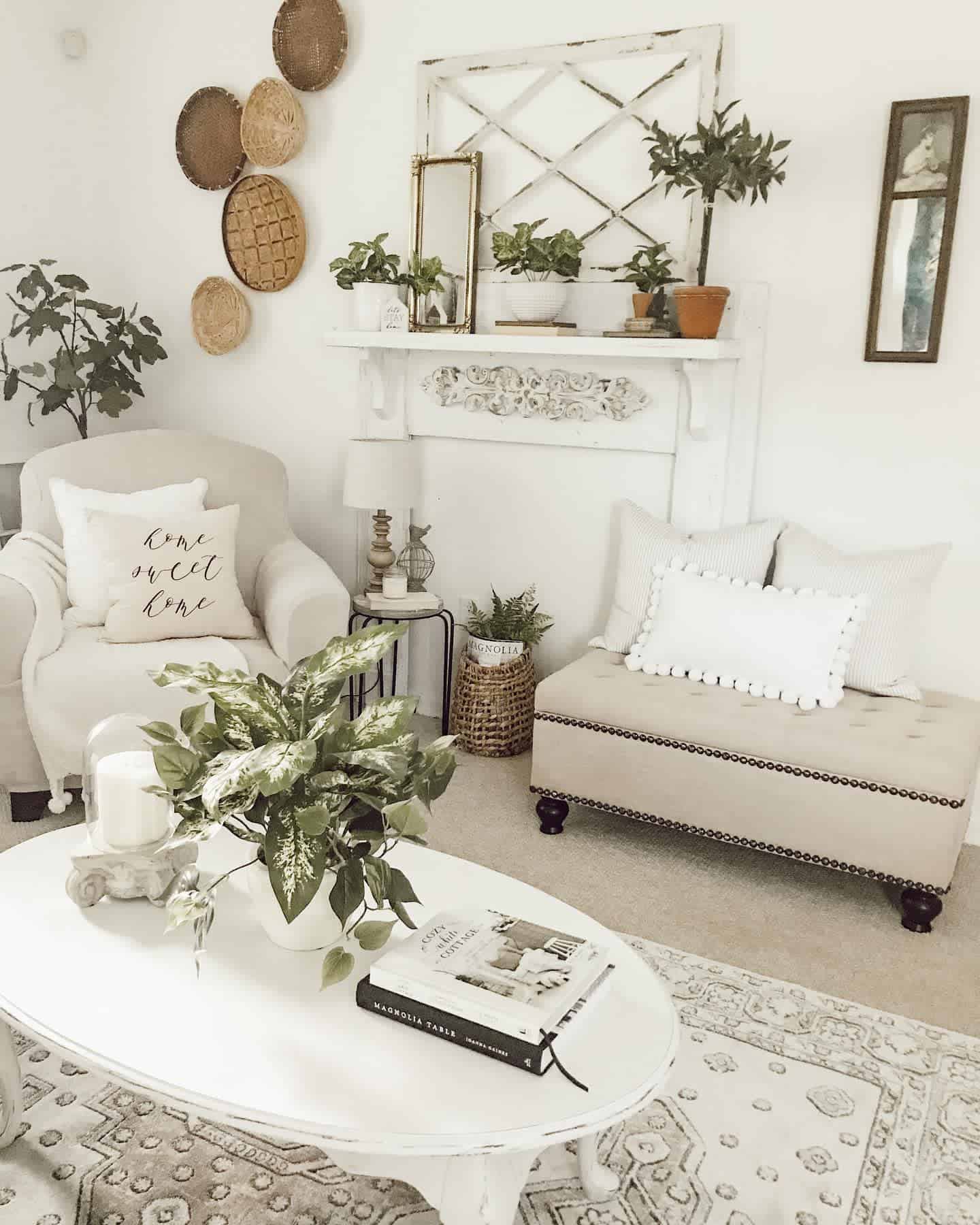 farmhouse living room white sofa gray ottoman wall shelf white coffee table 