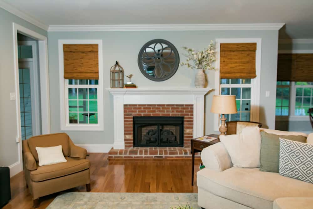 modern farmhouse living room brick fireplace sofa accent chair 