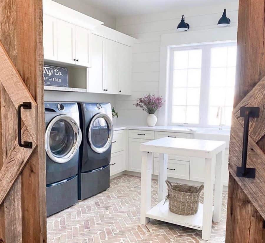 large white farmhouse laundry gray washer and dryer