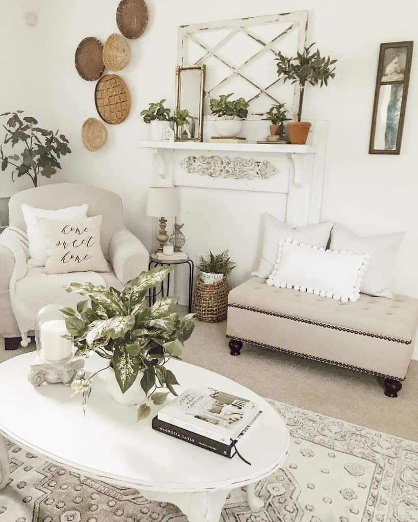 rustic farmhouse living room with faux fireplace