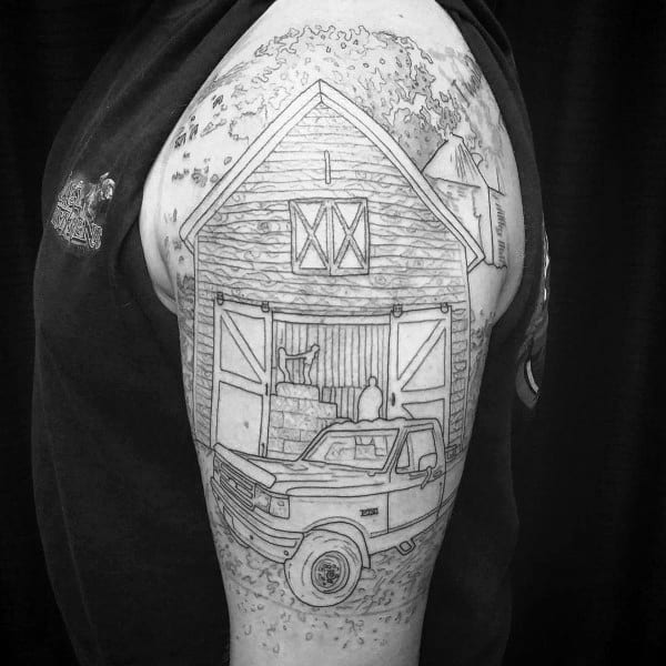 Black and gray linework tattoo of a barn with open doors, a pickup truck parked in front, and animals inside the barn.