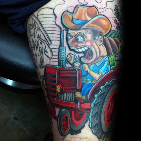 Cartoon-style color tattoo of an angry farmer driving a red tractor, with exaggerated expressions and vibrant background details.