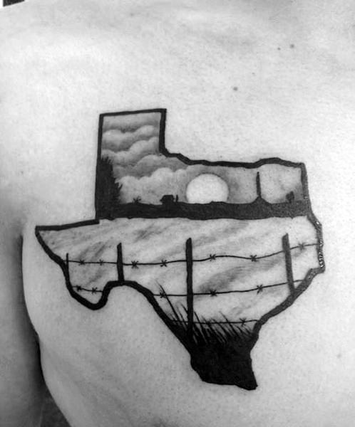 Black and gray chest tattoo of a Texas state outline filled with a rural sunset scene, barbed wire fence, and open fields.