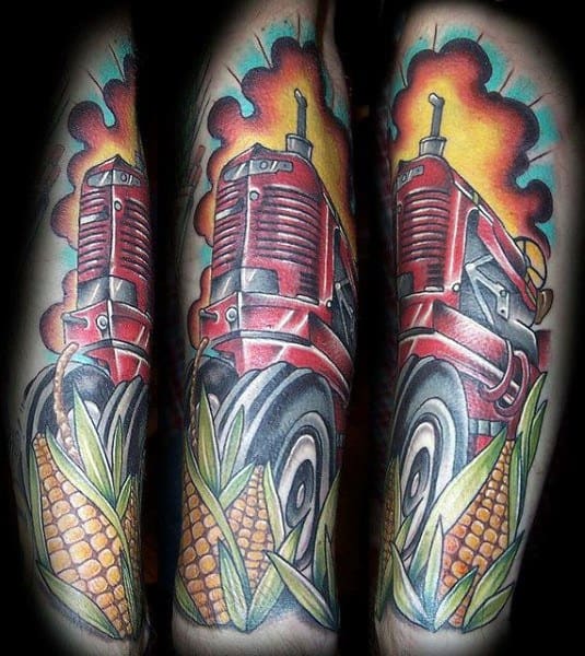 Bold color tattoo of a red tractor with corn cobs and stalks in the foreground, set against a fiery sky background.