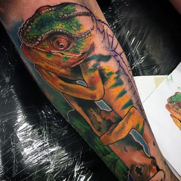 Fascinating Double Toned Lizard Tattoo Lower Legs Male