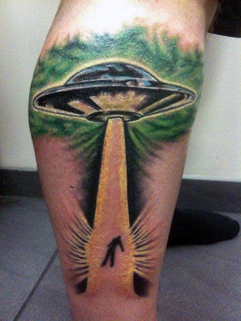 Fascinating Ufo Abducting Human Tattoo Males Calves