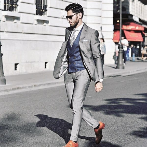 Fashioanble Guys Charcoal Grey Suit Brown Shoes Blue Vest Style Ideas