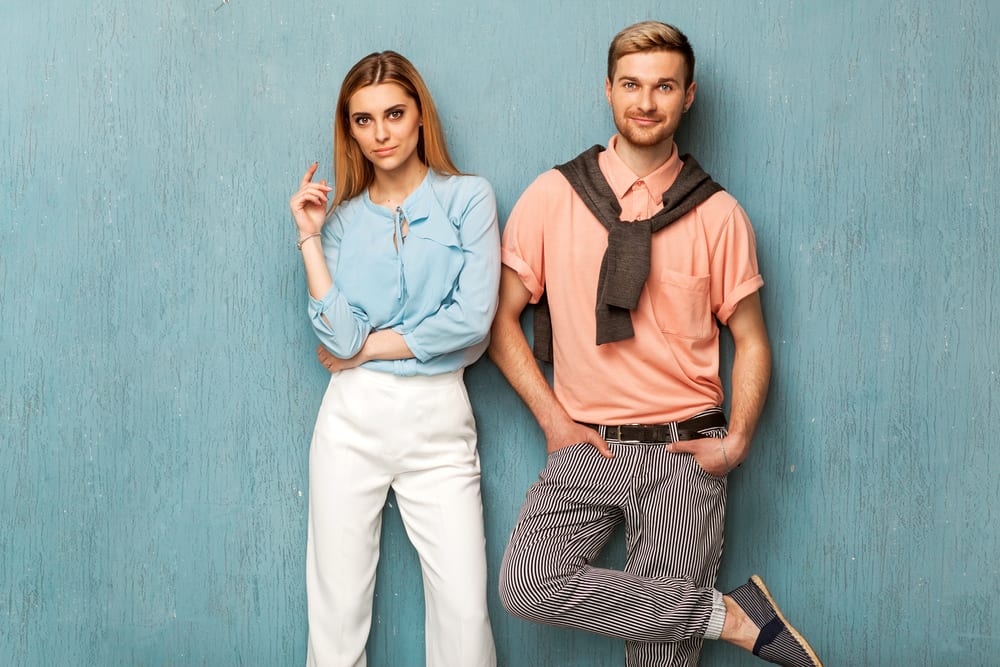 fashion girl and guy in outlet clothes