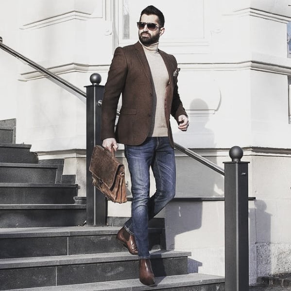 Fashion Mens Business Casual Outfits Brown Blazer With Cream Turtleneck Sweater And Jeans