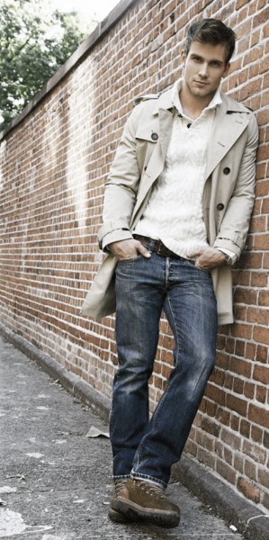 Fashion Mens Fall Outfits Cream Coat With Sweater And Jeans