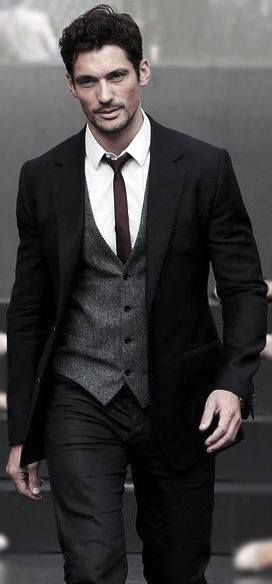 Fashionable Male Black Suit Styles With Grey Vest And Skinny Tie