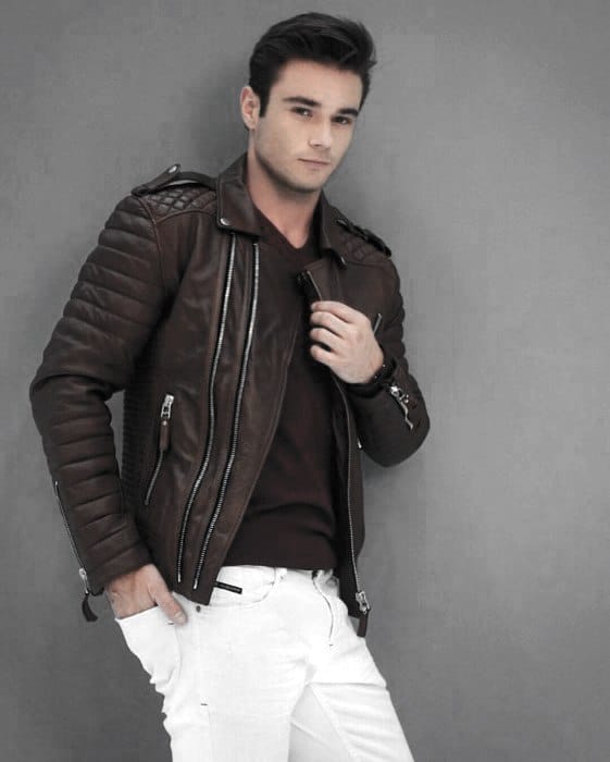 Fashionable Male Brown Leather Jackets How To Wear A Leather Jacket Outfit Grey T Shirt Black Pants
