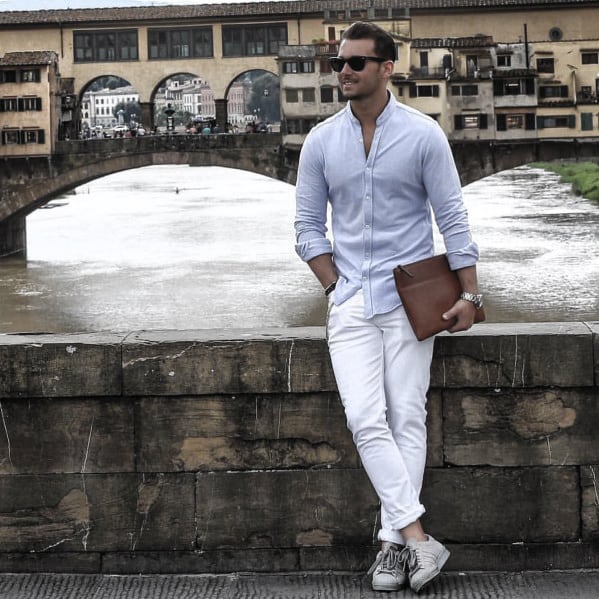 Fashionable Male Business Casual Outfits Styles Light Blue Dress Shit With White Pants