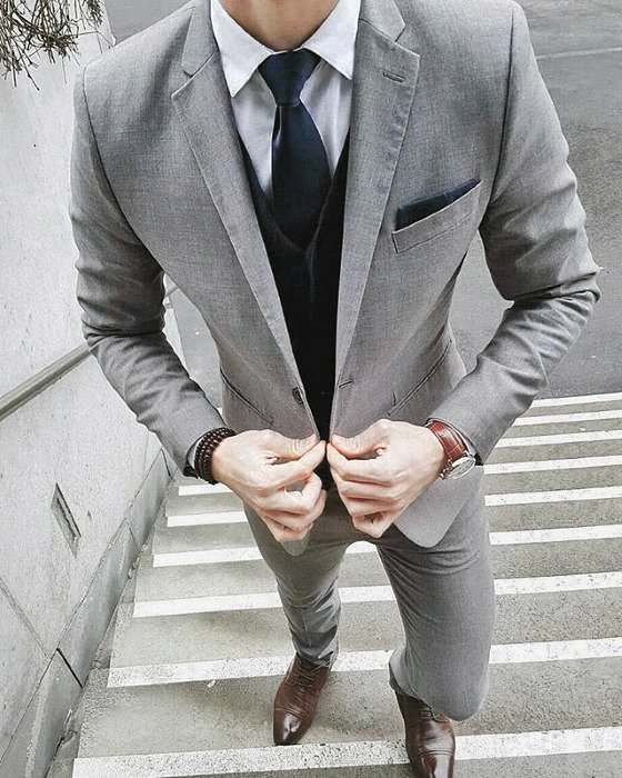 Fashionable Male Charcoal Grey Suit Brown Shoes Styles