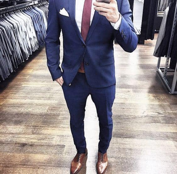 Fashionable Male Navy Blue Suit Brown Shoes Red Tie Styles