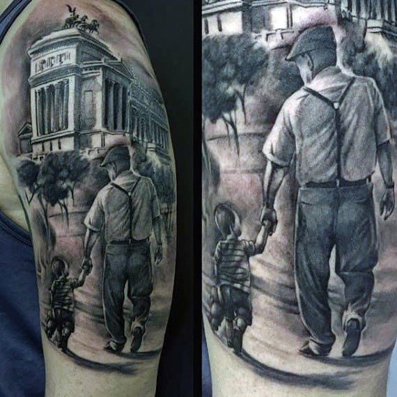Father And Son Building Mens Half Sleeve Tattoo