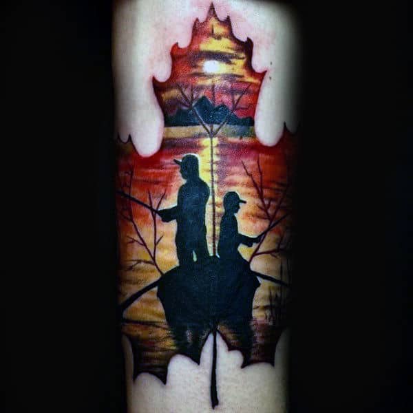 Father And Son Fishing Maple Leaf Guys Inner Forearm Tattoo