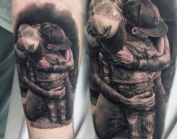 Father Hugging Son Mens Realistic 3d Forearm Tattoo