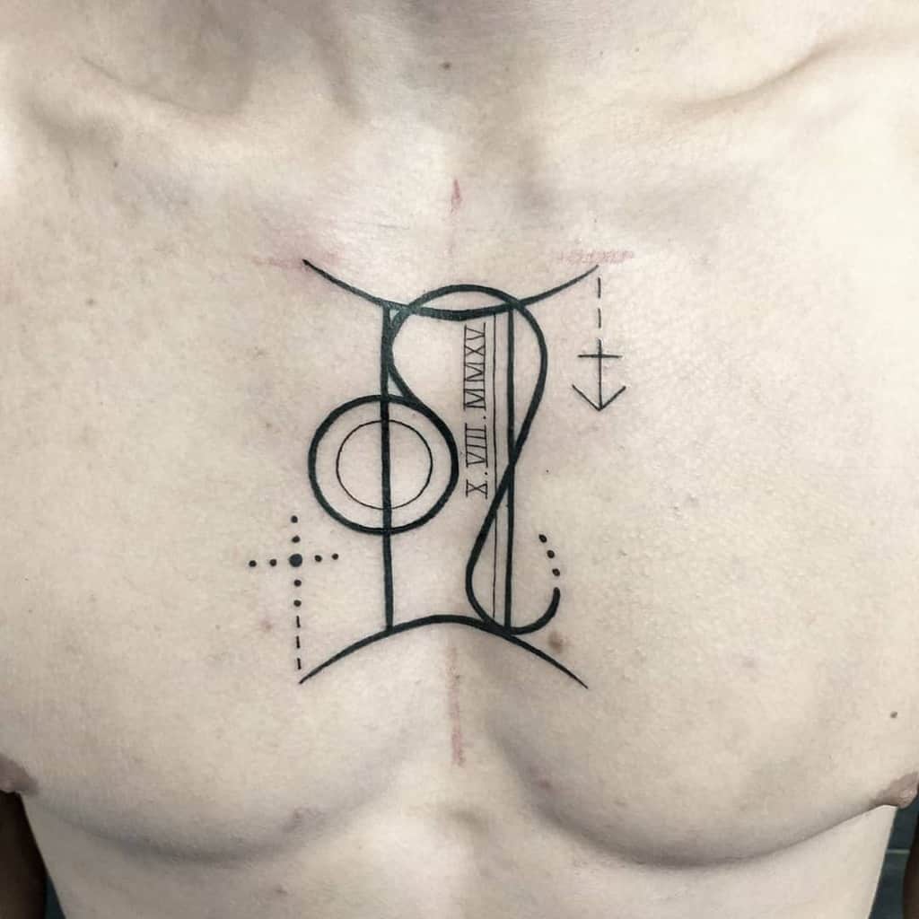 Minimalist Leo zodiac tattoo with structured shapes, dot work, and an artistic symmetrical design.