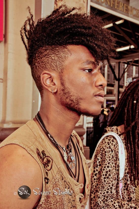 A modern Mohawk style with hair twists running from the front to the back and paired with very short hair on the sides