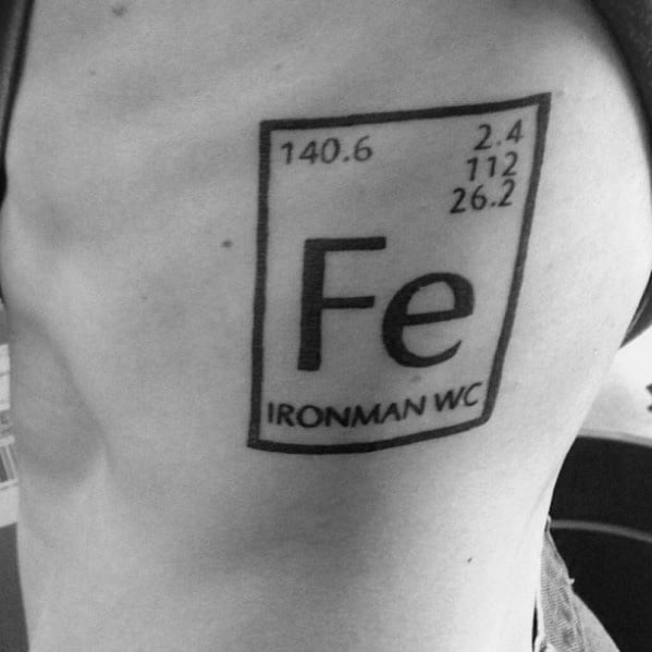 Ironman tattoo designed like a periodic table element, with "Fe" (iron) and the numbers 140.6, 2.4, 112, and 26.2 representing the distances in a triathlon.