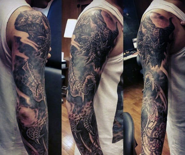 Fearsome Black Dragon Tattoo Mens Sleeve