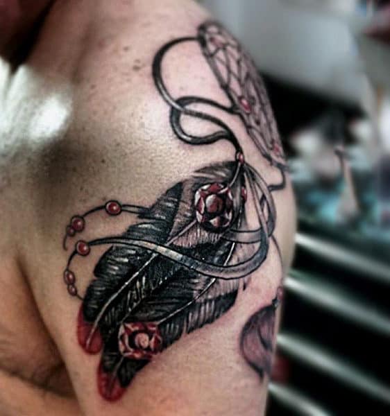 Feather Dreamcatcher Shoulder And Back Guys Tattoos
