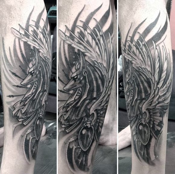 Feather Shaded Anubis Leg Tattoos For Men