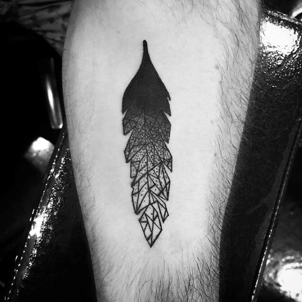 Feather With Crystal Design Guys Inner Forearm Tattoos
